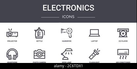 electronics concept line icons set. contains icons usable for web, logo, ui/ux such as kettle, laptop, headphone, desk lamp, flashlight, air condition Stock Vector