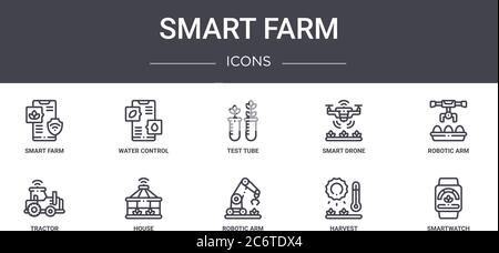 smart farm concept line icons set. contains icons usable for web, logo, ui/ux such as water control, smart drone, tractor, robotic arm, harvest, smart Stock Vector