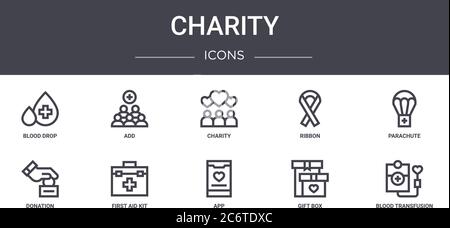 charity concept line icons set. contains icons usable for web, logo, ui/ux such as add, ribbon, donation, app, gift box, blood transfusion, parachute, Stock Vector