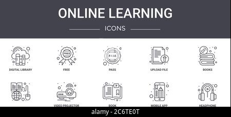 online learning concept line icons set. contains icons usable for web, logo, ui/ux such as free, upload file, , book, mobile app, headphone, books, pa Stock Vector