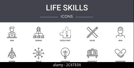 life skills concept line icons set. contains icons usable for web, logo, ui/ux such as woman, ruler, divider, lightbulb, bookshelf, handshake, man, pu Stock Vector