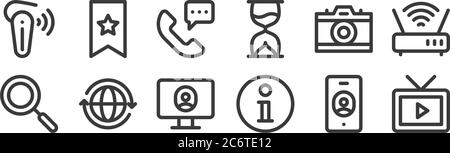 12 set of linear communication and media icons. thin outline icons such as tv, information, globe, camera, hours, bookmark for web, mobile Stock Vector