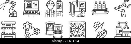 12 set of linear industrial process icons. thin outline icons such as robotic arm, turbine, cogwheels, conveyor, operator, control panel for web, mobi Stock Vector