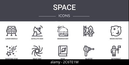 space concept line icons set. contains icons usable for web, logo, ui/ux such as satellite dish, , shooting star, book, blaster, astronaut, moon crate Stock Vector