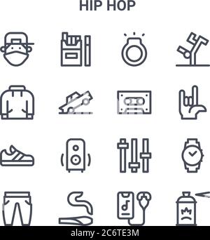 set of 16 hip hop concept vector line icons. 64x64 thin stroke icons such as cigarettes, hoodie, rock, controller, marijuana, spray paint, smartphone, Stock Vector