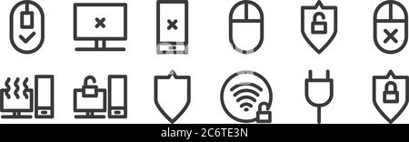 12 set of linear computer hardware icons. thin outline icons such as locked, unlocked, unlocked, unlock, broken, error for web, mobile Stock Vector