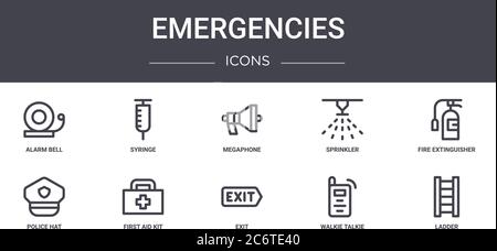 emergencies concept line icons set. contains icons usable for web, logo, ui/ux such as syringe, sprinkler, police hat, exit, walkie talkie, ladder, fi Stock Vector