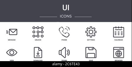 ui concept line icons set. contains icons usable for web, logo, ui/ux such as unlock, settings, view, sound, save, browser, calendar, phone Stock Vector