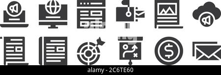 12 set of linear advertisement icons. thin outline icons such as email, strategy, magazine, poster, website, internet for web, mobile Stock Vector