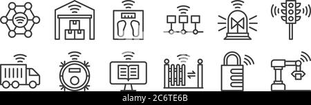 12 set of linear internet of things icons. thin outline icons such as robot, fence, vacuum cleaner, alarm, weighing scale, warehouse for web, mobile Stock Vector