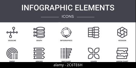 infographic elements concept line icons set. contains icons usable for web, logo, ui/ux such as graph, , sweep, bar chart, leaves, arrow chart, hexago Stock Vector