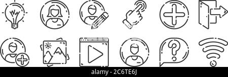 12 set of linear user interface icons. thin outline icons such as wifi, account, gallery, add, profile, account for web, mobile Stock Vector