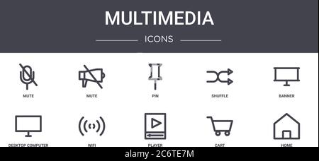 multimedia concept line icons set. contains icons usable for web, logo, ui/ux such as mute, shuffle, desktop computer, player, cart, home, banner, pin Stock Vector