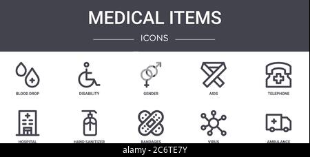 medical items concept line icons set. contains icons usable for web, logo, ui/ux such as disability, aids, hospital, bandages, virus, ambulance, telep Stock Vector