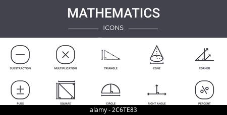 mathematics concept line icons set. contains icons usable for web, logo, ui/ux such as multiplication, cone, plus, circle, right angle, percent, corne Stock Vector