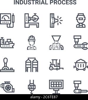 set of 16 industrial process concept vector line icons. 64x64 thin stroke icons such as saw machine, cargo ship, industrial robot, forklift, hook, rob Stock Vector