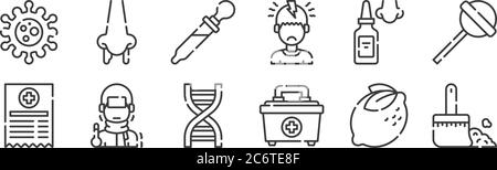12 set of linear allergies icons. thin outline icons such as dust, first aid kit, fever, nasal spray, eye dropper, runny nose for web, mobile Stock Vector
