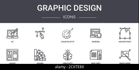 graphic design concept line icons set. contains icons usable for web, logo, ui/ux such as , working, layout, creativity, grid lines, magic wand, ancho Stock Vector