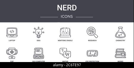 nerd concept line icons set. contains icons usable for web, logo, ui/ux such as idea, research, cup, maths, eye protection, books, chemistry, newtons Stock Vector