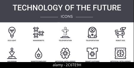 technology of the future concept line icons set. contains icons usable for web, logo, ui/ux such as nanorobots, teleportation, hologram, artificial in Stock Vector