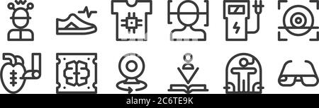12 set of linear technology of the future icons. thin outline icons such as smart glasses, book, artificial intelligence, charging station, smart clot Stock Vector