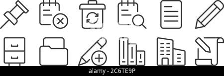 12 set of linear work office supply icons. thin outline icons such as letter, files, file, paper, recycle, delete for web, mobile Stock Vector