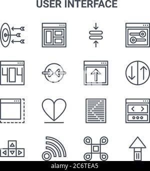 set of 16 user interface concept vector line icons. 64x64 thin stroke icons such as layout, error, up down, menu, wifi, up arrow, voicemail, upload, o Stock Vector
