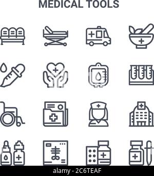 set of 16 medical tools concept vector line icons. 64x64 thin stroke icons such as stretcher, dropper, test tube, nurse, x ray, drop medicine, medicin Stock Vector