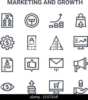 set of 16 marketing and growth concept vector line icons. 64x64 thin stroke icons such as growth, gear, computer, email, improve, money, online shop, Stock Vector