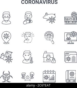 set of 16 coronavirus concept vector line icons. 64x64 thin stroke icons such as difficulty breathing, location, news reporter, quarantine, keep dista Stock Vector