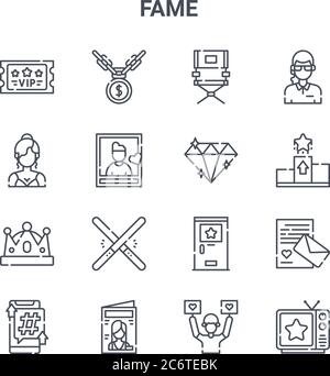 set of 16 fame concept vector line icons. 64x64 thin stroke icons such as necklace, actress, rising, backstage, magazine, quiz, fans, diamond, bodygua Stock Vector