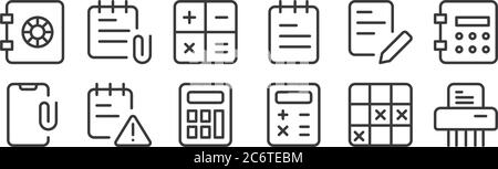 12 set of linear work office supply icons. thin outline icons such as paper shder, balance sheet, error, edit, keys, attachment for web, mobile Stock Vector
