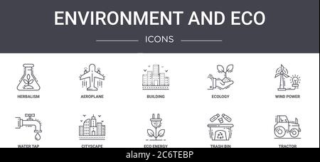 environment and eco concept line icons set. contains icons usable for web, logo, ui/ux such as aeroplane, ecology, water tap, eco energy, trash bin, t Stock Vector