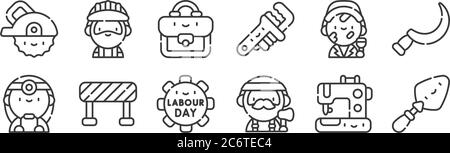 12 set of linear labour day icons. thin outline icons such as trowel, lumberjack, barrier, painter, briefcase, builder for web, mobile Stock Vector