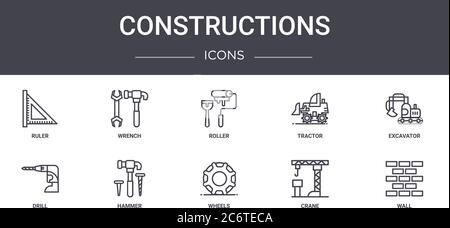 constructions concept line icons set. contains icons usable for web, logo, ui/ux such as wrench, tractor, drill, wheels, crane, wall, excavator, rolle Stock Vector