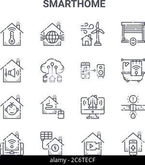 set of 16 smarthome concept vector line icons. 64x64 thin stroke icons such as smarthome, sound control, bathroom, home control, solar cell, control, Stock Vector