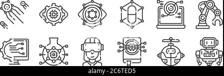 12 set of linear robotics icons. thin outline icons such as robot, database, research, scan, eye, eye for web, mobile Stock Vector