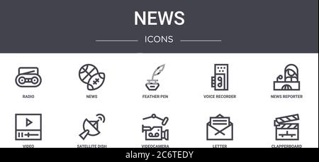news concept line icons set. contains icons usable for web, logo, ui/ux such as news, voice recorder, video, videocamera, letter, clapperboard, news r Stock Vector