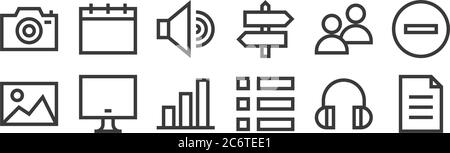 12 set of linear web essentials icons. thin outline icons such as file, menu, computer screen, users, sound, calendar for web, mobile Stock Vector