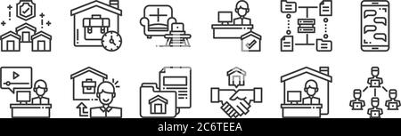 12 set of linear work from home icons. thin outline icons such as teleworking, shaking hands, working at home, file upload, sofa, working at home for Stock Vector