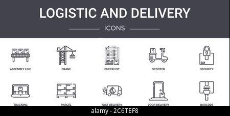 logistic and delivery concept line icons set. contains icons usable for web, logo, ui/ux such as crane, scooter, tracking, fast delivery, door deliver Stock Vector