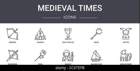 medieval times concept line icons set. contains icons usable for web, logo, ui/ux such as church, mace, crossbow, knight, sailing ship, executioner, j Stock Vector