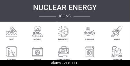 nuclear energy concept line icons set. contains icons usable for web, logo, ui/ux such as scientist, submarine, plutonium, geiger counter, fuel, labor Stock Vector