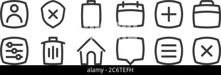 12 set of linear basic ui icons. thin outline icons such as cross, chat, delete, add, battery, shield for web, mobile Stock Vector