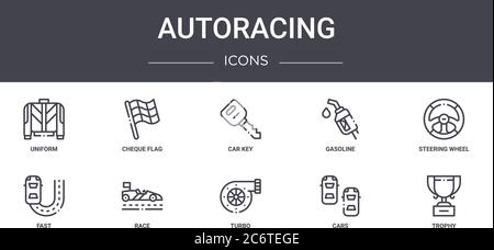 autoracing concept line icons set. contains icons usable for web, logo, ui/ux such as cheque flag, gasoline, fast, turbo, cars, trophy, steering wheel Stock Vector