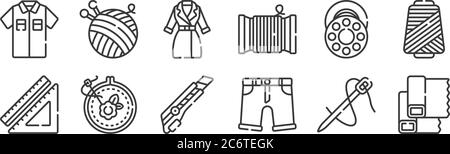 12 set of linear sewing icons. thin outline icons such as fabric, shorts, embroidery, bobbin, jacket, thread for web, mobile Stock Vector
