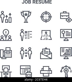 set of 16 job resume concept vector line icons. 64x64 thin stroke icons such as trophy, idea, keywords, email, portfolio, key skills, printer, webinar Stock Vector