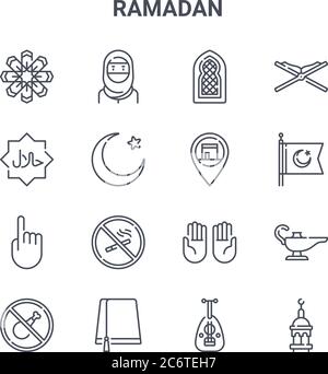 set of 16 ramadan concept vector line icons. 64x64 thin stroke icons such as woman, halal, flag, praying, hat, minaret, oud, location, quran Stock Vector