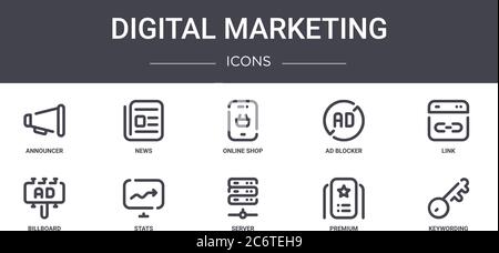 digital marketing concept line icons set. contains icons usable for web, logo, ui/ux such as news, ad blocker, billboard, server, premium, keywording, Stock Vector