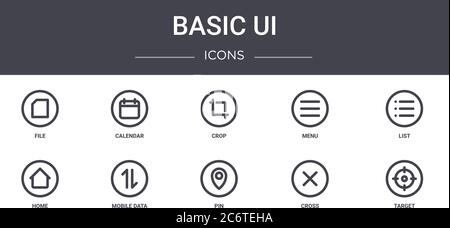 basic ui concept line icons set. contains icons usable for web, logo, ui/ux such as calendar, menu, home, pin, cross, target, list, crop Stock Vector